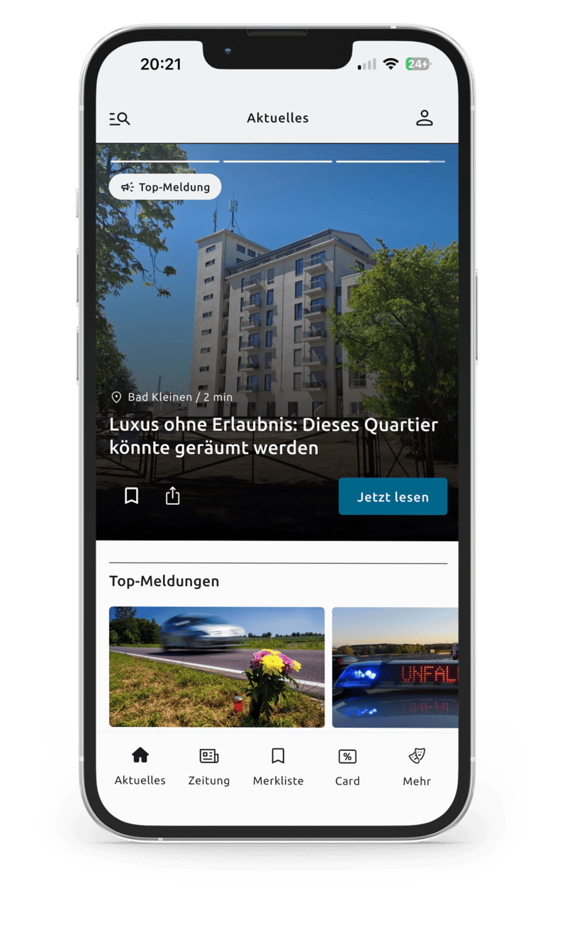 Die Nordkurier App ist auf einem Smartphone geöffnet und zeigt die regionalen News.