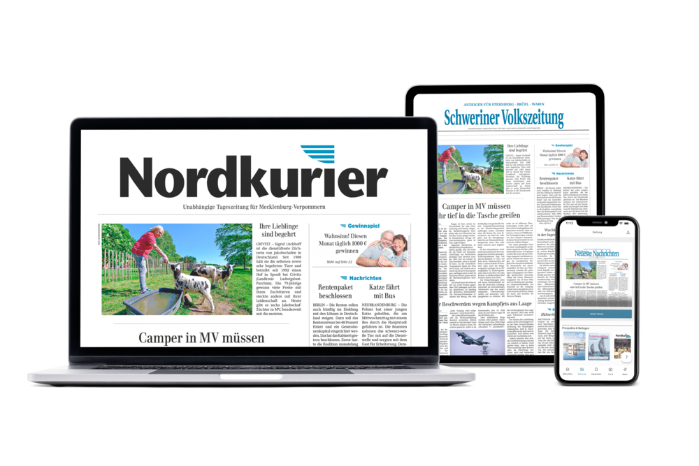 Digitale Ausgabe des Nordkurier auf einem Smartphone, Tablet und PC als E-Paper geöffnet.