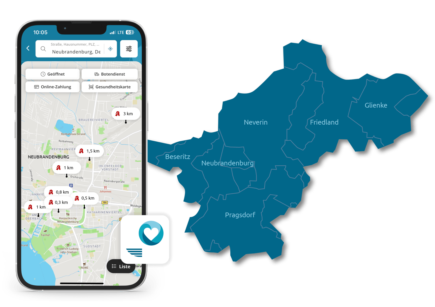Kartenausschnitt der 'gesund daheim'-App des Nordkurier mit Apotheken in Neubrandenburg und dem Liefergebiet.