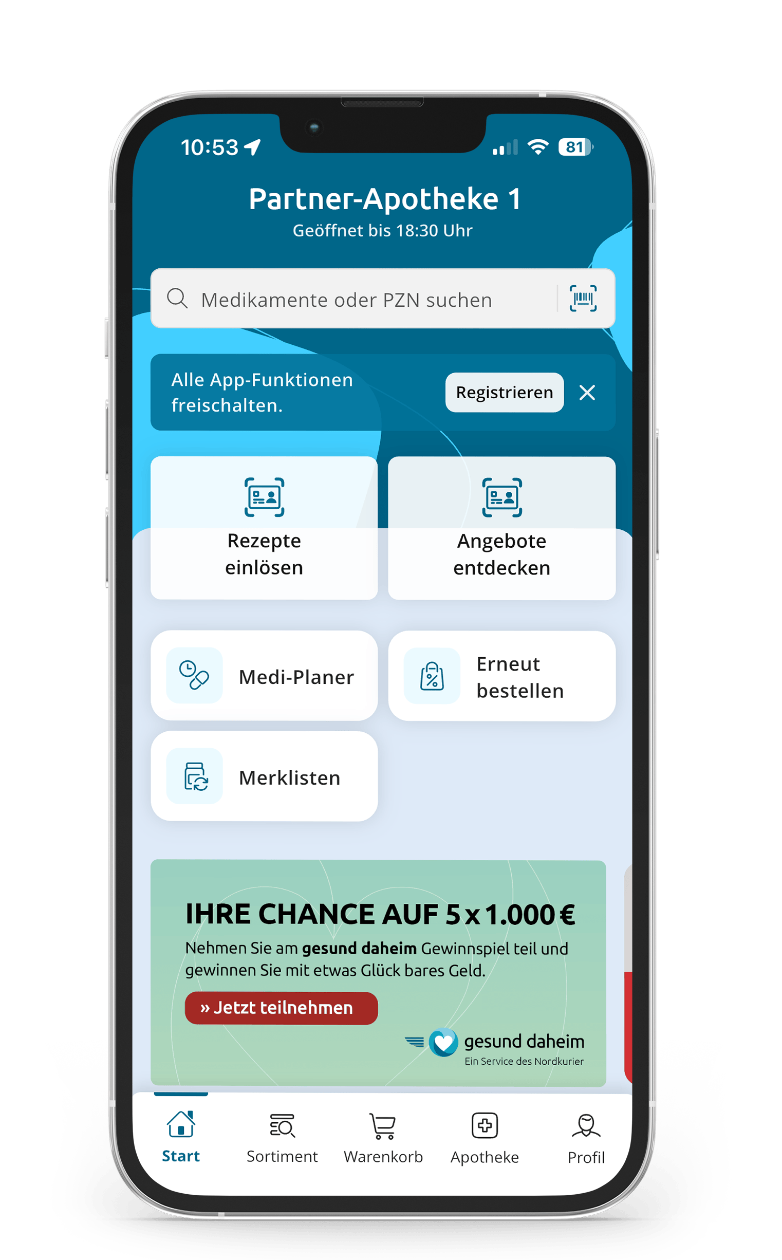 Die „gesund daheim“-App mit ausgewählter Apotheke und Funktionen wie Rezepte einlösen, Angebote entdecken und Medi-Planer.