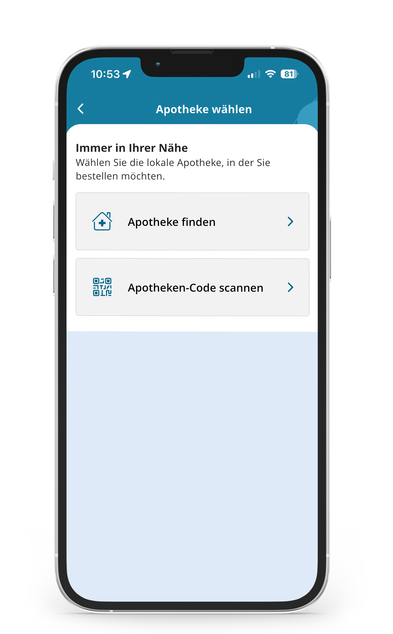 Die „gesund daheim“-App des Nordkurier mit den Optionen „Apotheke finden“ und „Apotheken-Code scannen“.