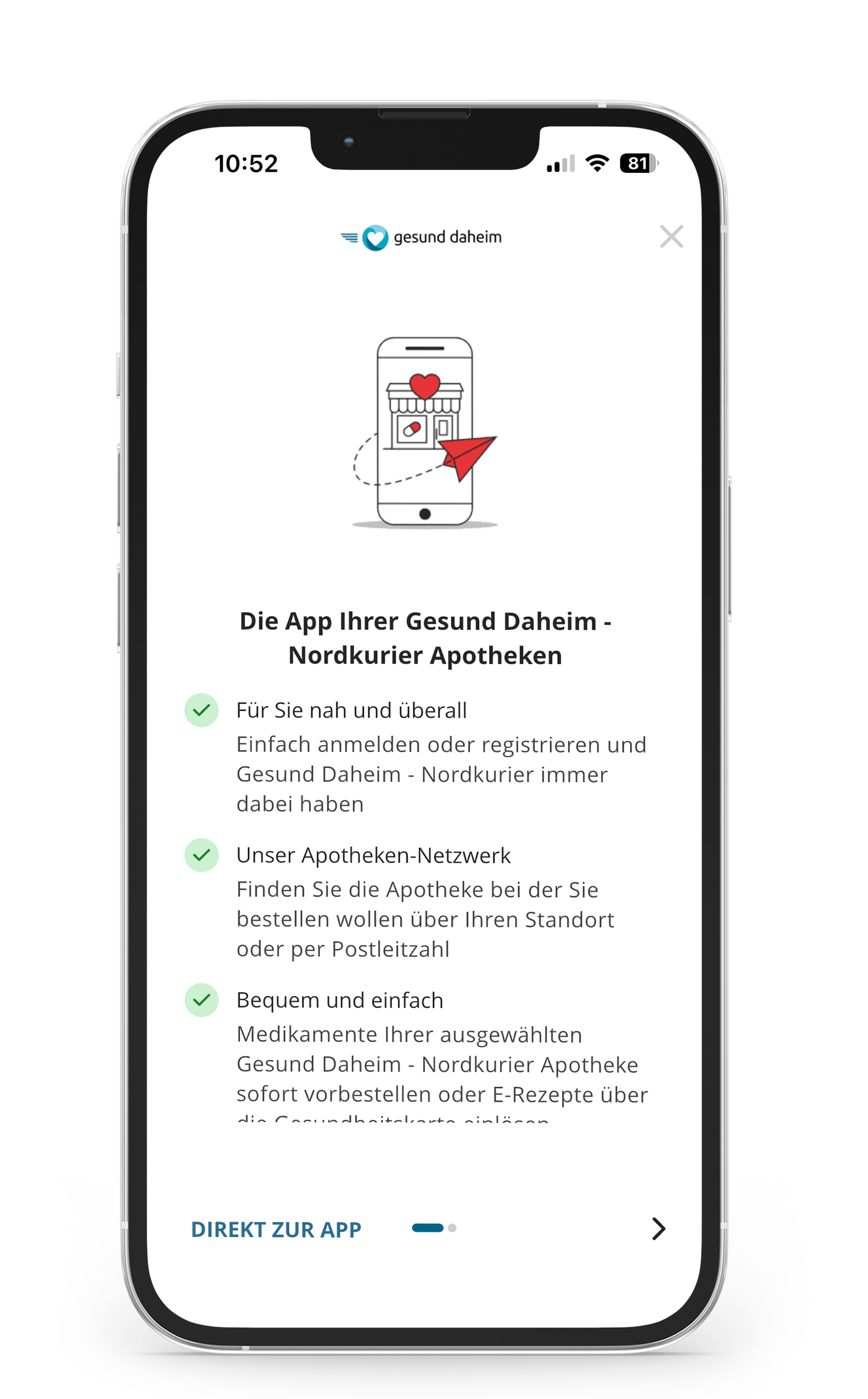 Einführungsdialog der „gesund daheim“-App des Nordkurier.