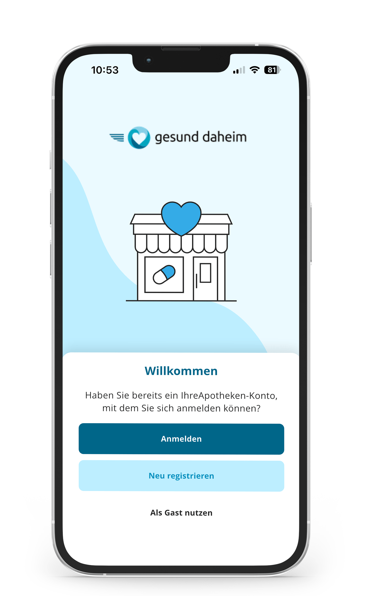 Startbildschirm der „gesund daheim“-App des Nordkurier mit Anmelde- und Registrierungsoption.