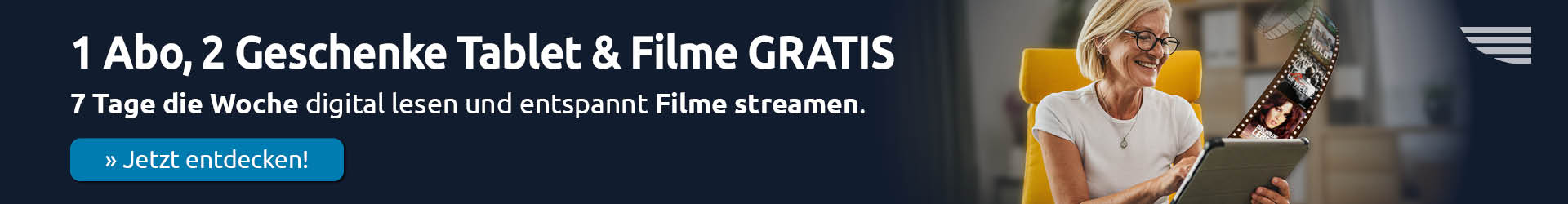 Frau schaut auf Tablet Filme in der Nordkurier App – jetzt Abo buchen und gratis Tablet oder 200 € Barprämie erhalten.